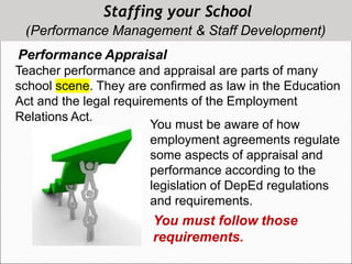 Relations Act.
You must be aware of how
employment agreements regulate
some aspects of appraisal and
performance according to the
legislation of DepEd regulations
and requirements.
You must follow those
requirements.
Staffing your School
(Performance Management & Staff Development)
Performance Appraisal
Teacher performance and appraisal are parts of many
school scene. They are confirmed as law in the Education
Act and the legal requirements of the Employment
 