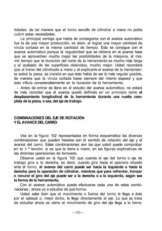 tidades, de tal manera que el torno sencillo de cilindrar a mano no podía
cubrir estas necesidades.
La principal ventaja que había de conseguirse con el avance automático
fue la de una mayor producción, es decir, el lograr una mayor cantidad de
viruta cortada en la misma cantidad de tiempo. Esto se consigue con el
avance automático, porque la regularidad que se obtiene en el avance hace
que se aprovechen mucho mejor las posibilidades de la máquina, al mis-
mo tiempo que la duración del corte de la herramienta es mucho más larga
y el acabado de las superficies obtenidas, mucho mejor. Usted recordará
que al tratar del cilindrado a mano y al explicarle el avance de la herramien-
ta sobre la pieza, se insistió en que éste había de ser lo más regular posible,
de manera que la viruta cortada fuese siempre del mismo espesor y que
esto influía considerablemente en la duración de la herramienta.
- Antes de entrar de lleno en el estudio del avance automático, no estará
de más recordar que el avance quedó definido en un principio como el
desplazamiento longitudinal de la herramienta durante una vuelta com-
pleta de la pieza, o sea, del eje de trabajo.
COMBINACIONES DEL EJE DE ROTACIÓN
YELAVANCEDELCARRO
Vea en la figura 102 representadas en forma esquemática las diversas
combinaciones que pueden hacerse con el sentido de rotación del eje y el
avance del carro. Estas combinaciones son las que usted puede comprobar
en la 1 ª lección, si es que la tiene a mano, en las figuras explicativas de
las distintas operaciones de torneado.
Observe usted en la figura 102 que cuando el eje del torno o eje de
trabajo gira a la derecha, es decir, cuando gira hacia el operario situado
ante el torno, el avance del carro puede ser hacia la izquierda o hacia la
derecha para la operación de cilindrar, mientras que para refrentar, tronzar
o ranurar el giro del eje puede ser a la derecha o a la izquierda, según sea
la forma de la herramienta.
Con el avance automático puede efectuarse cada una de estas combi-
naciones ; ahora va a estudiar de qué forma.
Usted sabe bien que el movimiento o fuerza del torno le llega a éste
por el cabezal o, mejor dicho, le llega directamente a! eje. Lo que se trata
de estudiar ahora es cómo el movimiento de giro del eje llega a la herra-
—192—
 