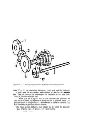 Figura125, — 12,Ruedade engranajemóvil. 13,Piñóndeslizantedeldispositivo
na/es (7 a 11) de diferentes diámetros y con una re/ación determi-
a esta serie de engranajes suele dársele el nombre de paquete
|on. Todo el conjunto de engranajes del paquete Norton gira soli-
con la última rueda del tren.
ahora que en la figura 125 se han añadido dos piñones; el
ado con el número 12 engrana en la figura con la primera rueda (7)
paquete y con el otro piñón (13) montado en la barra de cilindrar (5)
fue transmite el giro del tren de ruedas.
esta figura puede deducirse que según sea la rueda del paquete
que engrana con el piñón (12) será distinta
l a b a r r a d e . . .
 
