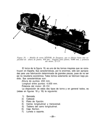 Figura 19. — Modelo de torno NÉSTOR, de Zaragoza, que se fabrica hasta una ca-
pacidad de: altura de puntos, 450 mm,; longitud entre puntos, 4.000 mm, y potencia
del motor, 25 CV.
El torno de la figura 19, es uno de los tornos mayores que se cons-
truyen en España. Sus características, por lo enormes, sólo son apropia-
das para una fabricación determinada de grandes piezas, pues de no ser
así no resultaría económica. Tales tornos solamente se fabrican bajo pe-
dido. Sus características son:
Altura de puntos: 450 mm.
Longitud entre puntos: 4.000 mm.
Potencia del motor: 25 CV.
La disposición de estos dos tipos de torno y en general todos, es
(véase en figuras 18 y 19) la siguiente:
1) Bancada.
2) Cabezal.
3) Plato de fijación.
4) Carros longitudinal y transversal.
5) Tablero del carro longitudinal.
6) Caja Norton.
7) Luneta o soporte.
—28—
 