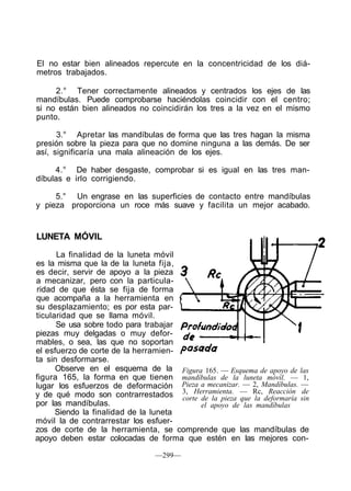 El no estar bien alineados repercute en la concentricidad de los diá-
metros trabajados.
2.° Tener correctamente alineados y centrados los ejes de las
mandíbulas. Puede comprobarse haciéndolas coincidir con el centro;
si no están bien alineados no coincidirán los tres a la vez en el mismo
punto.
3.° Apretar las mandíbulas de forma que las tres hagan la misma
presión sobre la pieza para que no domine ninguna a las demás. De ser
así, significaría una mala alineación de los ejes.
4.° De haber desgaste, comprobar si es igual en las tres man-
díbulas e irlo corrigiendo.
5.° Un engrase en las superficies de contacto entre mandíbulas
y pieza proporciona un roce más suave y facilita un mejor acabado.
LUNETA MÓVIL
La finalidad de la luneta móvil
es la misma que la de la luneta fija,
es decir, servir de apoyo a la pieza
a mecanizar, pero con la particula-
ridad de que ésta se fija de forma
que acompaña a la herramienta en
su desplazamiento; es por esta par-
ticularidad que se llama móvil.
Se usa sobre todo para trabajar
piezas muy delgadas o muy defor-
mables, o sea, las que no soportan
el esfuerzo de corte de la herramien-
ta sin desformarse.
Observe en el esquema de la
figura 165, la forma en que tienen
lugar los esfuerzos de deformación
y de qué modo son contrarrestados
por las mandíbulas.
Siendo la finalidad de la luneta
móvil la de contrarrestar los esfuer-
zos de corte de la herramienta, se comprende que las mandíbulas de
apoyo deben estar colocadas de forma que estén en las mejores con-
Figura 165. — Esquema de apoyo de las
mandíbulas de la luneta móvil. — 1,
Pieza a mecanizar. — 2, Mandíbulas. —
3, Herramienta. — Rc, Reacción de
corte de la pieza que la deformaría sin
el apoyo de las mandíbulas
—299—
 