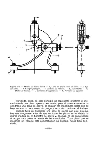 Figura 170. — Modelo de luneta móvil. — 1, Cara de apoyo sobre el carro. — 2, Eje
del torno. — 3, Cuerpo principal. — 4, Tornillo de fijación. — 5, Mandíbulas. — 6,
Dados de bronce. — 7, Tornillos de regulación. — 8, Tornillos de fijación
Partiendo, pues, de este principio no representa problema el me-
canizado de una pieza apoyada en luneta, pues si primeramente se ha
cilindrado una zona de apoyo, se regulan las mandíbulas hasta que se
haya notado un roce suave sin juego y se podrá continuar el trabajo.
Cuando haya de trabajarse una serie de piezas con este sistema,
hay que asegurarse antes de que en todas las piezas se ha dejado la
misma medida en el diámetro de apoyo y, además, ha de comprobarse
al apoyar cada pieza el ajuste de las mandíbulas. Toda pieza que se
mecanice sin hacerse esta comprobación no quedará nunca bien cilin-
drada.
—303—
 