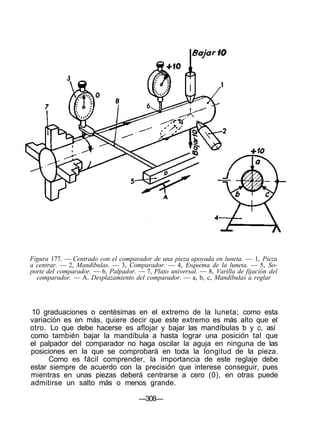 Figura 177. — Centrado con el comparador de una pieza apoyada en luneta. — 1, Pieza
a centrar. — 2, Mandíbulas. — 3, Comparador. — 4, Esquema de la luneta. — 5, So-
porte del comparador. — 6, Palpador. — 7, Plato universal. — 8, Varilla de fijación del
comparador. — A. Desplazamiento del comparador. — a, b, c, Mandíbulas a reglar
10 graduaciones o centésimas en el extremo de la luneta; como esta
variación es en más, quiere decir que este extremo es más alto que el
otro. Lo que debe hacerse es aflojar y bajar las mandíbulas b y c, así
como también bajar la mandíbula a hasta lograr una posición tal que
el palpador del comparador no haga oscilar la aguja en ninguna de las
posiciones en la que se comprobará en toda la longitud de la pieza.
Como es fácil comprender, la importancia de este reglaje debe
estar siempre de acuerdo con la precisión que interese conseguir, pues
mientras en unas piezas deberá centrarse a cero (0), en otras puede
admitirse un salto más o menos grande.
—308—
 