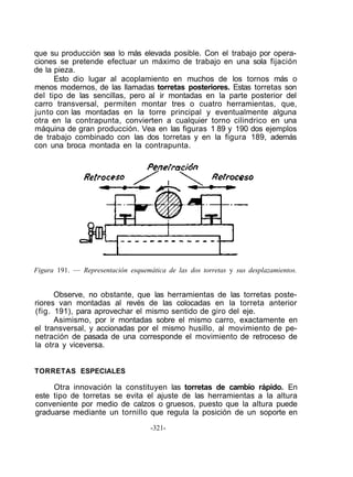 que su producción sea lo más elevada posible. Con el trabajo por opera-
ciones se pretende efectuar un máximo de trabajo en una sola fijación
de la pieza.
Esto dio lugar al acoplamiento en muchos de los tornos más o
menos modernos, de las llamadas torretas posteriores. Estas torretas son
del tipo de las sencillas, pero al ir montadas en la parte posterior del
carro transversal, permiten montar tres o cuatro herramientas, que,
junto con las montadas en la torre principal y eventualmente alguna
otra en la contrapunta, convierten a cualquier torno cilindrico en una
máquina de gran producción. Vea en las figuras 1 89 y 190 dos ejemplos
de trabajo combinado con las dos torretas y en la figura 189, además
con una broca montada en la contrapunta.
Figura 191. — Representación esquemática de las dos torretas y sus desplazamientos.
Observe, no obstante, que las herramientas de las torretas poste-
riores van montadas al revés de las colocadas en la torreta anterior
(fig. 191), para aprovechar el mismo sentido de giro del eje.
Asimismo, por ir montadas sobre el mismo carro, exactamente en
el transversal, y accionadas por el mismo husillo, al movimiento de pe-
netración de pasada de una corresponde el movimiento de retroceso de
la otra y viceversa.
TORRETAS ESPECIALES
Otra innovación la constituyen las torretas de cambio rápido. En
este tipo de torretas se evita el ajuste de las herramientas a la altura
conveniente por medio de calzos o gruesos, puesto que la altura puede
graduarse mediante un tornillo que regula la posición de un soporte en
-321-
 