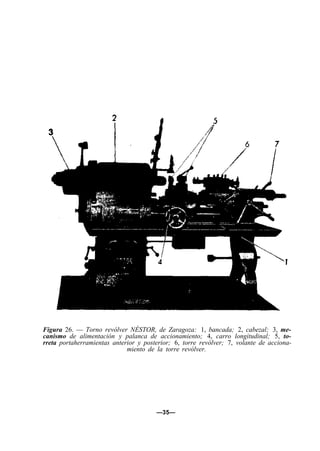 Figura 26. — Torno revólver NÉSTOR, de Zaragoza: 1, bancada; 2, cabezal; 3, me-
canismo de alimentación y palanca de accionamiento; 4, carro longitudinal; 5, to-
rreta portaherramientas anterior y posterior; 6, torre revólver; 7, volante de acciona-
miento de la torre revólver.
—35—
 