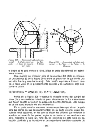 Figura 203. — Desmontaje del plato uni-
versal. — 1, Plato universal. — 2, Ban-
cada. — 3, Taco de madera. — 4, Patas
del plato.
Figura 204. — Desmontaje del plato uni-
versal. — 1, Plato. —• 2, Patas. — 3,
Palanca.
el golpe de la pata contra el taco, afloja el plato acabándose de desen-
roscar a mano.
Otra manera de proceder para el desmontaje del plato es interca-
lar una palanca (3 de la figura 204) entre las patas con la que se da una
sacudida fuerte y seca hacia abajo. Esta presión equivale al frenazo con-
tra el tope visto en el procedimiento anterior y es suficiente para des-
clavar el plato.
DESCRIPCIÓN Y MANEJO DEL PLATO UNIVERSAL
Fíjese en la figura 205 y observe la especial forma del cuerpo del
plato (1) y las cavidades interiores para alojamiento de los mecanismos
que hacen posible la fijación de piezas de distintos tamaños. Este cuerpo
es de un acero especial de alta resistencia.
En su parte anterior van unas ranuras especiales que sirven de guía
para las garras en sus desplazamientos; en su parte exterior están dis-
puestos unos agujeros, en los que se alojan los piñones que ordenan la
apertura o cierre de las patas, según se accionen en un sentido o en
otro, mediante la llave (2). Uno de. los extremos de esta llave es dé,
sección cuadrada y se introduce en un alojamiento también cuadrado (3)
—347—
 