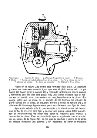 Figura 223. — 1. Cuerpo del plato. — 2. Piñones de apertura y cierre. — 3. Corona. —
4. Pinza. — 5. Rosca para el desplazamiento de la pinza. — 6. Parte cónica de cierre. —
7. Ranura de cierre. — 8. Cono de sujeción. — 9. Diámetro de la pieza.
Fíjese en la figura 223 cómo está formado este plato. La abertura
y cierre se hace exactamente igual que con el plato universal. Los pi-
ñones (2) hacen girar la corona (3) y montado juntamente con la corona
y formando con ella una sola pieza, hay una tuerca especial que al ros-
car en un sentido o en otro ordena un desplazamiento a la pinza. Su-
ponga usted que se rosca en el sentido de las flechas del dibujo: la
parte cónica de la pinza, al clavarse, tiende a cerrar la ranura (7) y el
diámetro D disminuye ligeramente, pero lo suficiente para fijar la pieza.
Apurando todavía más lo que respecta a la disminución del tiempo
que se ha de invertir para fijar y centrar una pieza, estos datos presen-
tan el inconveniente de tener que parar la máquina para montar o
desmontar la pieza. Este inconveniente queda suprimido con el empleo
de los platos de la figura 224, en los que la apertura y cierre de la pinza
se efectúa mediante una palanca y sin necesidad de parar la máquina.
—360—
 