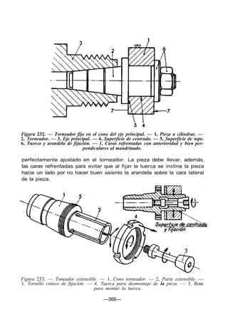 Figura 232. — Torneador fijo en el cono del eje principal. — 1, Pieza a cilindrar. —
2, Torneador. — 3, Eje principal. — 4, Superficie de centrado. — 5, Superficie de tope.
6, Tuerca y arandela de fijación. — 1, Caras refrentadas con anterioridad y bien per-
pendiculares al mandrinado.
perfectamente ajustado en el torneador. La pieza debe llevar, además,
las caras refrentadas para evitar que al fijar la tuerca se incline la pieza
hacia un lado por no hacer buen asiento la arandela sobre la cara lateral
de la pieza.
Figura 233. — Toneador extensible. — 1, Cono torneador. — 2, Parte extensible. —
3, Tornillo cónico de fijación. — 4, Tuerca para desmontaje de la pieza. — 5, Rosa
para montar la tuerca.
—366—
 