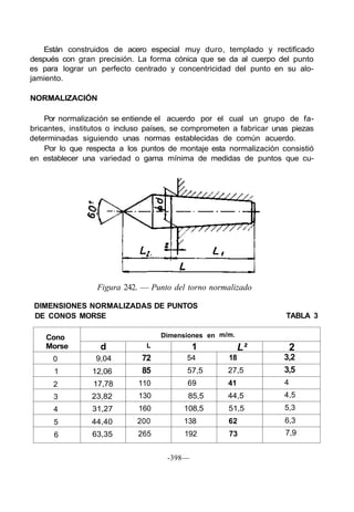 Están construidos de acero especial muy duro, templado y rectificado
después con gran precisión. La forma cónica que se da al cuerpo del punto
es para lograr un perfecto centrado y concentricidad del punto en su alo-
jamiento.
NORMALIZACIÓN
Por normalización se entiende el acuerdo por el cual un grupo de fa-
bricantes, institutos o incluso países, se comprometen a fabricar unas piezas
determinadas siguiendo unas normas establecidas de común acuerdo.
Por lo que respecta a los puntos de montaje esta normalización consistió
en establecer una variedad o gama mínima de medidas de puntos que cu-
Figura 242. — Punto del torno normalizado
DIMENSIONES NORMALIZADAS DE PUNTOS
DE CONOS MORSE TABLA 3
Cono
Morse
0
1
2
3
4
5
6
d
9,04
12,06
17,78
23,82
31,27
44,40
63,35
Dimensiones en
L
72
85
110
130
160
200
265
1
54
57,5
69
85,5
108,5
138
192
m/m.
L²
18
27,5
41
44,5
51,5
62
73
2
3,2
3,5
4
4,5
5,3
6,3
7,9
-398—
 