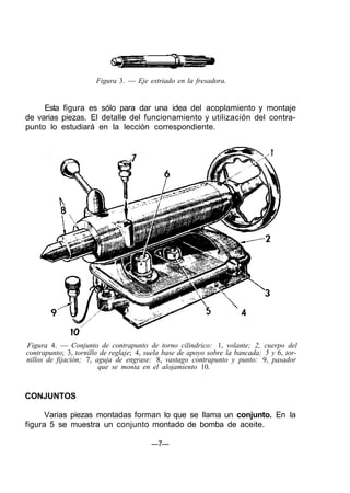 Figura 3. — Eje estriado en la fresadora.
Esta figura es sólo para dar una idea del acoplamiento y montaje
de varias piezas. El detalle del funcionamiento y utilización del contra-
punto lo estudiará en la lección correspondiente.
Figura 4. — Conjunto de contrapunto de torno cilindrico: 1, volante; 2, cuerpo del
contrapunto; 3, tornillo de reglaje; 4, suela base de apoyo sobre la bancada; 5 y 6, tor-
nillos de fijación; 7, aguja de engrase: 8, vastago contrapunto y punto: 9, pasador
que se monta en el alojamiento 10.
CONJUNTOS
Varias piezas montadas forman lo que se llama un conjunto. En la
figura 5 se muestra un conjunto montado de bomba de aceite.
—7—
 
