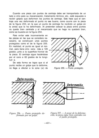 Cuando una pieza con puntos de centraje debe ser transportada de un
lado a otro para su mecanización, tratamiento térmico, etc., está expuesta a
recibir golpes que deformen los puntos de centraje. Esto hace que el cen-
traje una vez deformado el punto no sea bueno, como ocurre con la pieza
de la figura 253, en la que un punto de centraje ha recibido un golpe en
la arista que lo ha deformado. Al pretender colocar la pieza entre puntos
no queda bien centrada y el mecanizado que se haga no quedará bien,
como se muestra en la figura 254.
Para evitar este inconveniente en
las piezas en las que se considere ne-
cesario, se construyen unos puntos
protegidos como el de la figura 255.
En realidad, el punto es igual al nor-
mal, pero tiene otro cono más a 120
grados ¡unto a la superficie frontal de
la pieza. El centraje sigue haciéndose
por el cono a 60 grados de la longi-
tud a.
De esta forma se logra que si el
punto recibe un golpe que lo deforme,
no llega a afectar a la zona (a) de Figura 255. — Punto protegido.
Figura 256. — Punto protegido de-
formado por un golpe.
Figura 257. — A pesar de la deforma-
ción, la pieza sigue bien centrada con
el punto protegido.
—407—
 