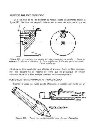 ARRASTRE POR TOPE ENCASTADO
Si el eje que se. ha de cilindrar es macizo puede solucionarse según la
figura 275. Se hace un pequeño taladro en su cara de testa en el que se
Figura 275. — Arrastre por medio del tope conductor encastado 1 Plato de
arrastre. 2, piezas a cilindrar. 3, Tope conductor, 4, Encaste para introducir
el tope conductor.
introduce el tope conductor que efectúa el arrastre. Como es fácil compren-
der, este agujero ha de hacerse de forma que no perjudique en ningún
sentido a la pieza, si bien siempre queda el recurso de taponarlo.
PUNTO CON PUNTA PIRAMIDAL O TRONCO-CÓNICA
Cuando la pieza es hueca puede efectuarse el arrastre por medio de un
Figura 276. — Punto con punta piramidal para efectuar el arrastre.
 