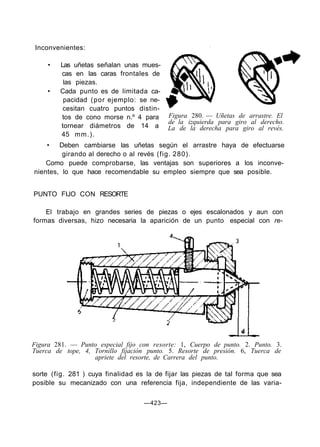 Inconvenientes:
• Las uñetas señalan unas mues-
cas en las caras frontales de
las piezas.
• Cada punto es de limitada ca-
pacidad (por ejemplo: se ne-
cesitan cuatro puntos distin-
tos de cono morse n.º 4 para
tornear diámetros de 14 a
45 mm.).
• Deben cambiarse las uñetas según el arrastre haya de efectuarse
girando al derecho o al revés (fig. 280).
Como puede comprobarse, las ventajas son superiores a los inconve-
nientes, lo que hace recomendable su empleo siempre que sea posible.
Figura 280. — Uñetas de arrastre. El
de la izquierda para giro al derecho.
La de la derecha para giro al revés.
PUNTO FIJO CON RESORTE
El trabajo en grandes series de piezas o ejes escalonados y aun con
formas diversas, hizo necesaria la aparición de un punto especial con re-
Figura 281. — Punto especial fijo con resorte: 1, Cuerpo de punto. 2. Punto. 3.
Tuerca de tope, 4, Tornillo fijación punto. 5. Resorte de presión. 6, Tuerca de
apriete del resorte, de Carrera del punto.
sorte (fig. 281 ) cuya finalidad es la de fijar las piezas de tal forma que sea
posible su mecanizado con una referencia fija, independiente de las varia-
—423—
 