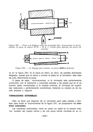 Figura 292. — Pieza con holgura sobre un torneador fijo. Al presionar la herra-
mienta, la pieza se mueve Ø D. > Ø d. 1. Cuello para fijación del perro de
arrastre.
Figura 293. — A. Empuje para montar. La pieza débil se deforma.
va en la figura 293. Si la pieza es débil, es decir, de paredes demasiado
delgadas, sucede que al clavar o montar la pieza en el torneador, éste hace
de cuña, deformando la pieza.
A pesar de estos inconvenientes, si el torneadpr está perfectamente
construido, con la tolerancia y conicidad precisas y las piezas que en él se
montan están mandrinadas a la medida correcta, el torneado de superfi-
cies exteriores y perfectamente concéntricas mediante su empleo es de los
más precisos y seguros.
TORNEADORES EXTENSIBLES
Para no tener que disponer de un torneador para cada medida y tam-
bién para evitar el inconveniente de la figura 291, se proyectaron los man-
driles extensibles.
Los mandriles extensibles, como en parte vio usted en la lección ante-
rior, constan del cuerpo cónico y de una pinza cónica montada en su in-
—430—
 