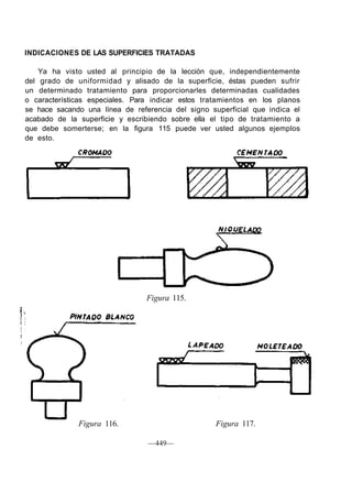 INDICACIONES DE LAS SUPERFICIES TRATADAS
Ya ha visto usted al principio de la lección que, independientemente
del grado de uniformidad y alisado de la superficie, éstas pueden sufrir
un determinado tratamiento para proporcionarles determinadas cualidades
o características especiales. Para indicar estos tratamientos en los planos
se hace sacando una línea de referencia del signo superficial que indica el
acabado de la superficie y escribiendo sobre ella el tipo de tratamiento a
que debe somerterse; en la figura 115 puede ver usted algunos ejemplos
de esto.
Figura 115.
Figura 116. Figura 117.
—449—
 