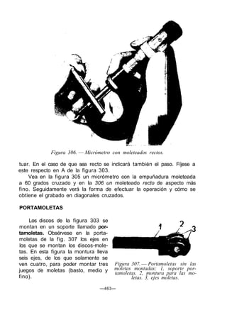 Figura 306. — Micrómetro con moleteados rectos.
tuar. En el caso de que sea recto se indicará también el paso. Fíjese a
este respecto en A de la figura 303.
Vea en la figura 305 un micrómetro con la empuñadura moleteada
a 60 grados cruzado y en la 306 un moleteado recto de aspecto más
fino. Seguidamente verá la forma de efectuar la operación y cómo se
obtiene el grabado en diagonales cruzados.
PORTAMOLETAS
Los discos de la figura 303 se
montan en un soporte llamado por-
tamoletas. Obsérvese en la porta-
moletas de la fig. 307 los ejes en
los que se montan los discos-mole-
tas. En esta figura la montura lleva
seis ejes, de los que solamente se
ven cuatro, para poder montar tres
juegos de moletas (basto, medio y
fino).
Figura 307. — Portamoletas sin las
moletas montadas; 1, soporte por-
tamoletas. 2, montura para las mo-
letas. 3, ejes moletas.
—463—
 