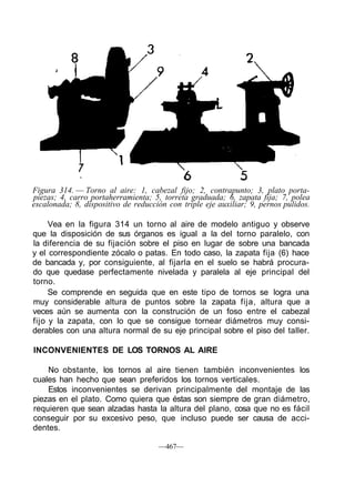 Figura 314. — Torno al aire: 1, cabezal fijo; 2, contrapunto; 3, plato porta-
piezas; 4, carro portaherramienta; 5, torreta graduada; 6, zapata fija; 7, polea
escalonada; 8, dispositivo de reducción con triple eje auxiliar; 9, pernos pulidos.
Vea en la figura 314 un torno al aire de modelo antiguo y observe
que la disposición de sus órganos es igual a la del torno paralelo, con
la diferencia de su fijación sobre el piso en lugar de sobre una bancada
y el correspondiente zócalo o patas. En todo caso, la zapata fija (6) hace
de bancada y, por consiguiente, al fijarla en el suelo se habrá procura-
do que quedase perfectamente nivelada y paralela al eje principal del
torno.
Se comprende en seguida que en este tipo de tornos se logra una
muy considerable altura de puntos sobre la zapata fija, altura que a
veces aún se aumenta con la construción de un foso entre el cabezal
fijo y la zapata, con lo que se consigue tornear diámetros muy consi-
derables con una altura normal de su eje principal sobre el piso del taller.
INCONVENIENTES DE LOS TORNOS AL AIRE
No obstante, los tornos al aire tienen también inconvenientes los
cuales han hecho que sean preferidos los tornos verticales.
Estos inconvenientes se derivan principalmente del montaje de las
piezas en el plato. Como quiera que éstas son siempre de gran diámetro,
requieren que sean alzadas hasta la altura del plano, cosa que no es fácil
conseguir por su excesivo peso, que incluso puede ser causa de acci-
dentes.
—467—
 