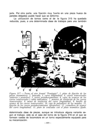 jarla. Por otra parte, una fijación muy fuerte en una pieza hueca de
paredes delgadas puede hacer que se deforme.
La utilización de tornos como el de la figura 315 ha quedado
reducida, pues, a una determinada clase de trabajos para una también
Figura 317. — Torno al aire frontal "Pontiggia": 1, plato de fijación de las
piezas (neumático); 2, bancada; 3, carro longitudinal; 4, carros transversales
(anterior y posterior); 5, torres portaherramientas; 6, cajas de avances de los
carros transversales y tabla indicadora; 7, motores de traslación de los carros
transversales; 8, motor de traslación del carro longitudinal; 9, husillo de
avance de los carros transversales; 10, caja de pulsadores de los mandos; 11,
fijación de los carros portaherramientas (giratorios); 12, cremallera de avance
del carro longitudinal; 13, plato de estacadas con el plato neumático fijado.
determinada clase de piezas, aunque se introduce alguna variante se-
gún el trabajo; este es el caso del torno de la figura 316 en el que se
tornean ruedas de locomotora en un torno especialmente equipado para
su mecanización.
—469—
 