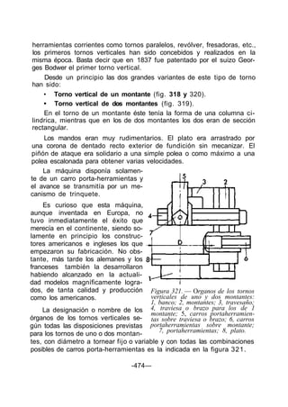 -474—
herramientas corrientes como tornos paralelos, revólver, fresadoras, etc.,
los primeros tornos verticales han sido concebidos y realizados en la
misma época. Basta decir que en 1837 fue patentado por el suizo Geor-
ges Bodwer el primer torno vertical.
Desde un principio las dos grandes variantes de este tipo de torno
han sido:
• Torno vertical de un montante (fig. 318 y 320).
• Torno vertical de dos montantes (fig. 319).
En el torno de un montante éste tenía la forma de una columna ci-
lindrica, mientras que en los de dos montantes los dos eran de sección
rectangular.
Los mandos eran muy rudimentarios. El plato era arrastrado por
una corona de dentado recto exterior de fundición sin mecanizar. El
piñón de ataque era solidario a una simple polea o como máximo a una
polea escalonada para obtener varias velocidades.
La máquina disponía solamen-
te de un carro porta-herramientas y
el avance se transmitía por un me-
canismo de trinquete.
Es curioso que esta máquina,
aunque inventada en Europa, no
tuvo inmediatamente el éxito que
merecía en el continente, siendo so-
lamente en principio los construc-
tores americanos e ingleses los que
empezaron su fabricación. No obs-
tante, más tarde los alemanes y los
franceses también la desarrollaron
habiendo alcanzado en la actuali-
dad modelos magníficamente logra-
dos, de tanta calidad y producción
como los americanos.
La designación o nombre de los
órganos de los tornos verticales se-
gún todas las disposiciones previstas
para los tornos de uno o dos montan-
tes, con diámetro a tornear fijo o variable y con todas las combinaciones
posibles de carros porta-herramientas es la indicada en la figura 321.
Figura 321. — Organos de los tornos
verticales de uno y dos montantes:
1, banco; 2, montantes; 3, travesaño;
4, traviesa o brazo para los de 1
montante; 5, carros portaherramien-
tas sobre traviesa o brazo; 6, carros
portaherramientas sobre montante;
7, portaherramientas; 8, plato.
 