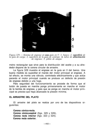 Figura 329. — Sistema de engrase en una guía en V: 1, banco; 2, superficie de
la guía de carga; 3, superficie de la guía de centraje; 4, tubos de alimentación
de engrase; 5, piñón de ataque.
metro rectangular que sirve para la distribución del aceite y a su alre-
dedor dispone de la corona circular de arrastre.
La figura 329 muestra el engrase en la guía en V del banco. Una
buena medida es supeditar el mando del motor principal al engrase. A
tal efecto, se monta una válvula, controlada eléctricamente y que actúa
parando el motor principal cuando se produce un defecto de presión
de engrase debido a una fuga.
Para seguridad del funcionamiento se procede de forma que el
botón de puesta en marcha ponga primeramente en marcha el motor
de la bomba de engrase, y para que se ponga en marcha el motor prin-
cipal es preciso que haya alcanzado la presión mínima.
EL ARRASTRE DEL PLATO
El arrastre del plato se realiza por uno de los dispositivos si-
guientes:
Corona cónico-recta.
Corona cónico-espiral (figs. 325 y 326).
Corona recta interior (figs. 323 y 324).
Corona recta exterior.
—482—
 