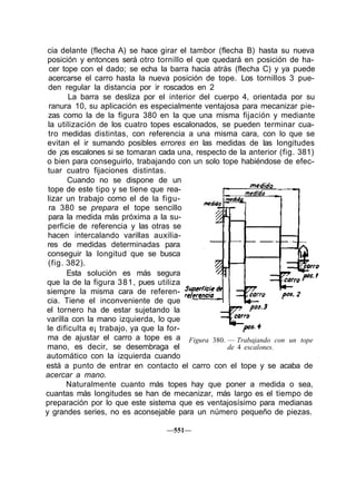 cia delante (flecha A) se hace girar el tambor (flecha B) hasta su nueva
posición y entonces será otro tornillo el que quedará en posición de ha-
cer tope con el dado; se echa la barra hacia atrás (flecha C) y ya puede
acercarse el carro hasta la nueva posición de tope. Los tornillos 3 pue-
den regular la distancia por ir roscados en 2
La barra se desliza por el interior del cuerpo 4, orientada por su
ranura 10, su aplicación es especialmente ventajosa para mecanizar pie-
zas como la de la figura 380 en la que una misma fijación y mediante
la utilización de los cuatro topes escalonados, se pueden terminar cua-
tro medidas distintas, con referencia a una misma cara, con lo que se
evitan el ir sumando posibles errores en las medidas de las longitudes
de ¡os escalones si se tomaran cada una, respecto de la anterior (fig. 381)
o bien para conseguirlo, trabajando con un solo tope habiéndose de efec-
tuar cuatro fijaciones distintas.
Cuando no se dispone de un
tope de este tipo y se tiene que rea-
lizar un trabajo como el de la figu-
ra 380 se prepara el tope sencillo
para la medida más próxima a la su-
perficie de referencia y las otras se
hacen intercalando varillas auxilia-
res de medidas determinadas para
conseguir la longitud que se busca
(fig. 382).
Esta solución es más segura
que la de la figura 381, pues utiliza
siempre la misma cara de referen-
cia. Tiene el inconveniente de que
el tornero ha de estar sujetando la
varilla con la mano izquierda, lo que
le dificulta e¡ trabajo, ya que la for-
ma de ajustar el carro a tope es a
mano, es decir, se desembraga el
automático con la izquierda cuando
está a punto de entrar en contacto el carro con el tope y se acaba de
acercar a mano.
Naturalmente cuanto más topes hay que poner a medida o sea,
cuantas más longitudes se han de mecanizar, más largo es el tiempo de
preparación por lo que este sistema que es ventajosísimo para medianas
y grandes series, no es aconsejable para un número pequeño de piezas.
—551—
Figura 380. — Trabajando con un tope
de 4 escalones.
 