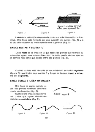 Figura 3 Figura 4 Figura 5
Línea es la extensión considerada como una sola dimensión: la lon-
gitud. Una línea está formada por una sucesión de puntos (fig. 4) y a
su vez una sucesión de líneas forman una superficie (fig. 5).
LINEAS RECTAS Y SEGMENTO
Línea recta es la línea en la que todos los puntos que forman su
extensión siguen una misma dirección; también puede decirse que es
el camino más corto que existe entre dos puntos (fig. 6).
Cuando la línea está limitada en sus extremos, se llama segmento
(figura 7); sus límites son: puntos A y B que se llaman origen y extre-
mo del segmento.
LINEA CURVA Y LINEA ONDULADA
Una línea es curva cuando to-
dos sus puntos cambian continua-
mente de dirección (fig. 8).
Cuando una línea consta de va- Figura 8
rias curvas que siguen direcciones
distintas es ondulada (fig. 9).
Figura 9 Figura 10
—559—
Figura 11
 