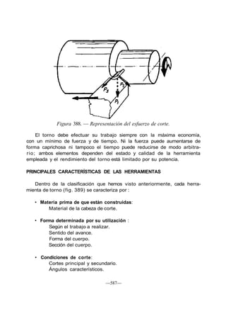 Figura 388. — Representación del esfuerzo de corte.
El torno debe efectuar su trabajo siempre con la máxima economía,
con un mínimo de fuerza y de tiempo. Ni la fuerza puede aumentarse de
forma caprichosa ni tampoco el tiempo puede reducirse de modo arbitra-
rio; ambos elementos dependen del estado y calidad de la herramienta
empleada y el rendimiento del torno está limitado por su potencia.
PRINCIPALES CARACTERÍSTICAS DE LAS HERRAMIENTAS
Dentro de la clasificación que hemos visto anteriormente, cada herra-
mienta de torno (fig. 389) se caracteriza por :
• Materia prima de que están construidas:
Material de la cabeza de corte.
• Forma determinada por su utilización :
Según el trabajo a realizar.
Sentido del avance.
Forma del cuerpo.
Sección del cuerpo.
• Condiciones de corte:
Cortes principal y secundario.
Ángulos característicos.
—587—
 