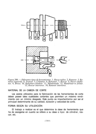 Figura 389. — Diferentes tipos de herramientas. 1. Hacer radios. 2, Ranurar. 3, Ra-
nurar izquierda. 4, Tronzar. 5, Cilindrar. 6, Refrentar. 7, Roscar. 8, Hacer chafla-
nes. 9, Broca. 10, Refrentar-cilindrar. 11, Mandrinado. 12, Mandrinar-re frenar.
13, Roscar interiores. 14, Ranurar interiores.
MATERIAL DE LA CABEZA DE CORTE
Los aceros utilizados para la fabricación de las herramientas de corte
deben poseer tales cualidades cortantes que permiten un máximo rendi-
miento con un mínimo desgaste. Este punto es importantísimo por ser el
principal determinante de su calidad, duración y velocidad de corte.
FORMA SEGÚN SU UTILIZACIÓN
El trabajo a realizar es el que determina la clase de herremienta que
ha de escogerse en cuanto se refiere a su clase o tipo: de cilindrar, ros-
car, etc.
- 5 8 8 -
 