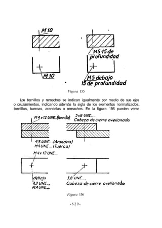 Figura 155
Los tornillos y remaches se indican igualmente por medio de sus ejes
o cruzamientos, indicando además la sigla de los elementos normalizados,
tornillos, tuercas, arandelas o remaches. En la figura 156 pueden verse
Figura 156
- 6 2 9 -
 