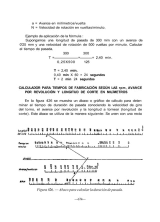 a = Avance en milímetros/vuelta
N = Velocidad de rotación en vueltas/minuto.
Ejemplo de aplicación de la fórmula :
Supongamos una longitud de pasada de 300 mm con un avance de
0'25 mm y una velocidad de rotación de 500 vueltas por minuto. Calcular
el tiempo de pasada.
300 300
T = = = 2,40 min.
0,25X500 125
T = 2,40 min.
0,40 min X 60 = 24 segundos
T = 2 min 24 segundos
CALCULADOR PARA TIEMPOS DE FABRICACIÓN SEGÚN LAS rpm, AVANCE
POR REVOLUCIÓN Y LONGITUD DE CORTE EN MILÍMETROS
En la figura 426 se muestra un ábaco o gráfico de cálculo para deter-
minar el tiempo de duración de pasada conociendo la velocidad de giro
del torno, el avance por revolución y la longitud a tornear (longitud de
corte). Este ábaco se utiliza de la manera siguiente: Se unen con una recta
Figura 426. — Abaco para calcular la duración de pasada.
—674—
 