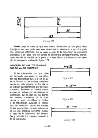 Puede ciarse el caso de que una misma dimensión de una pieza deba
trabajarse en una parte con una determinada tolerancia y en otra parte
con tolerancia diferente. En tal caso la cota de la dimensión se encuentra
duplicada y en cada una se señala la tolerancia correspondiente, acotán-
dose además la medida de la parte a la que afecta la tolerancia; un ejem-
plo de esto puede verlo en la figura 179.
INDICADO DE LAS TOLERANCIAS
POR SU VALOR NUMÉRICO
Si las tolerancias con que debe
ser fabricada una pieza no coinciden
con las tolerancias ISA o si en el ta-
ller o fábrica no se trabaja corriente-
mente con este sistema, en los planos
se indican las tolerancias por su valor
numérico. También en ciertos casos,
aunque se trabaje con el sistema de
tolerancias ISA se dan en los planos
los valores numéricos de !a tole-
rancia si esto simplifica el traba-
jo de fabricación evitando la necesi-
dad de consultar tablas de valores
de las tolerancias; en este último ca-
so es una práctica corriente indicar
la sigla de la tolerancia del sistema
ISA y además los valores numéricos
de la tolerancia. Figura 182
— 6 9 7 -
Figura 179
Figura 180
Figura 181
 