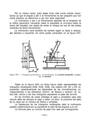 Por la misma razón, para pasos finos este punto pierde impor-
tancia ya que el ángulo a dar a la herramienta es tan pequeño que con
cierta práctica se determina a ojo con toda seguridad.
La inclinación a dar a la herramienta depende de la tangente de
la hélice generatriz (recuerde usted lo estudiado al principio sobre la
teoría del roscado) con objeto de evitar el choque de una de las aristas
cortantes de dicha herramienta.
La inclinación varía también de sentido según la rosca a realizar,
sea derecha o izquierda, tal como puede comprobar en la figura 457.
Figura 458. — Triángulos generadores: 1, herramienta; 2, escuadra graduable; 3, grue-
so; 4, mármol.
Fíjese en la figura 458; en dicha figura están representados los
triángulos rectángulos AOB, ACB, ADB. Los catetos AD, AC y AO re-
presentan respectivamente los desarrollos de las circunferencias co-
rrespondientes a los diámetros interior, de flancos y exterior. El ca-
teto AB, común a los tres triángulos representa el paso del tornillo.
En los tornillos de varias entradas el paso a considerar para este
cálculo debe ser siempre el paso a tallar, es decir, el producto del paso
de la rosca por el número de filetes o entradas.
La hipotenusa de los triángulos rectángulos dará la inclinación
pedida y determinará por su pendiente el valor de los ángulos a,a1,a2..
La fórmula para un tornillo de paso fino será por consiguiente:
—731—
 