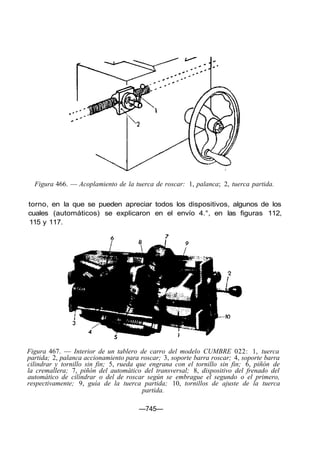 Figura 466. — Acoplamiento de la tuerca de roscar: 1, palanca; 2, tuerca partida.
torno, en la que se pueden apreciar todos los dispositivos, algunos de los
cuales (automáticos) se explicaron en el envío 4.°, en las figuras 112,
115 y 117.
Figura 467. — Interior de un tablero de carro del modelo CUMBRE 022: 1, tuerca
partida; 2, palanca accionamiento para roscar; 3, soporte barra roscar; 4, soporte barra
cilindrar y tornillo sin fin; 5, rueda que engrana con el tornillo sin fin; 6, piñón de
la cremallera; 7, piñón del automático del transversal; 8, dispositivo del frenado del
automático de cilindrar o del de roscar según se embrague el segundo o el primero,
respectivamente; 9, guía de la tuerca partida; 10, tornillos de ajuste de la tuerca
partida.
—745—
 