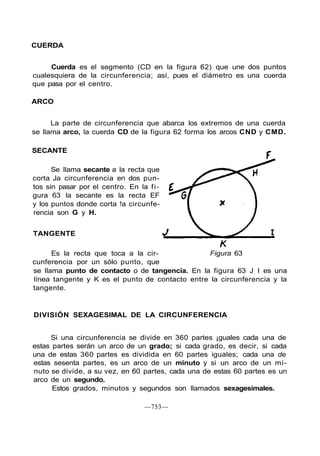 CUERDA
Cuerda es el segmento (CD en la figura 62) que une dos puntos
cualesquiera de la circunferencia; así, pues el diámetro es una cuerda
que pasa por el centro.
ARCO
La parte de circunferencia que abarca los extremos de una cuerda
se llama arco, la cuerda CD de la figura 62 forma los arcos CND y CMD.
SECANTE
Se llama secante a la recta que
corta Ja circunferencia en dos pun-
tos sin pasar por el centro. En la fi-
gura 63 la secante es la recta EF
y los puntos donde corta !a circunfe-
rencia son G y H.
TANGENTE
Es la recta que toca a la cir- Figura 63
cunferencia por un sólo punto, que
se llama punto de contacto o de tangencia. En la figura 63 J I es una
línea tangente y K es el punto de contacto entre la circunferencia y la
tangente.
DIVISIÓN SEXAGESIMAL DE LA CIRCUNFERENCIA
Si una circunferencia se divide en 360 partes ¡guales cada una de
estas partes serán un arco de un grado; si cada grado, es decir, si cada
una de estas 360 partes es dividida en 60 partes iguales; cada una de
estas sesenta partes, es un arco de un minuto y si un arco de un mi-
nuto se divide, a su vez, en 60 partes, cada una de estas 60 partes es un
arco de un segundo.
Estos grados, minutos y segundos son llamados sexagesimales.
—753—
 