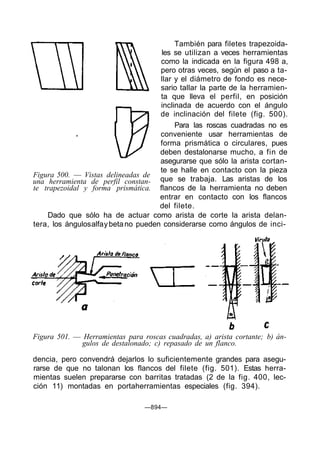 También para filetes trapezoida-
les se utilizan a veces herramientas
como la indicada en la figura 498 a,
pero otras veces, según el paso a ta-
llar y el diámetro de fondo es nece-
sario tallar la parte de la herramien-
ta que lleva el perfil, en posición
inclinada de acuerdo con el ángulo
de inclinación del filete (fig. 500).
Para las roscas cuadradas no es
conveniente usar herramientas de
forma prismática o circulares, pues
deben destalonarse mucho, a fin de
asegurarse que sólo la arista cortan-
te se halle en contacto con la pieza
que se trabaja. Las aristas de los
flancos de la herramienta no deben
entrar en contacto con los flancos
del filete.
Dado que sólo ha de actuar como arista de corte la arista delan-
tera, los ángulosalfaybetano pueden considerarse como ángulos de inci-
Figura 500. — Vistas delineadas de
una herramienta de perfil constan-
te trapezoidal y forma prismática.
Figura 501. — Herramientas para roscas cuadradas, a) arista cortante; b) án-
gulos de destalonado; c) repasado de un flanco.
dencia, pero convendrá dejarlos lo suficientemente grandes para asegu-
rarse de que no talonan los flancos del filete (fig. 501). Estas herra-
mientas suelen prepararse con barritas tratadas (2 de la fig. 400, lec-
ción 11) montadas en portaherramientas especiales (fig. 394).
—894—
 