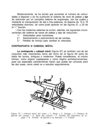 Modernamente, se ha tenido que aumentar el número de veloci-
dades a disponer y se ha sustituido el sistema de cono de poleas y eje
de reducción por un completo sistema de engranajes, con los cuales y
mediante la manipulación de dos o tres palancas, se dispone de 12 ó 16
velocidades distintas, tal como pudo apreciar en las figuras 21 y 22 de
la 1 .a
lección.
• Con los modernos sistemas se evitan, además, los siguientes incon-
venientes del sistema de conos de poleas y ejes de reducción:
1.° Velocidades poco numerosas.
2.° Deslizamiento o patinamiento de las correas.
3.° Pérdida de tiempo para cambiar la velocidad.
CONTRAPUNTA O CABEZAL MÓVIL
La contrapunta o cabezal móvil (figura 57) es también uno de los
conjuntos más importantes tanto del torno de la figura 40 como de
todos los tornos, antiguos o modernos. Puede considerarse, al mismo
tiempo, como órgano sujetapiezas y como órgano portaherramientas,
pues sus especiales características hacen que pueda ser utilizado para
las dos cosas, como usted va a estudiar seguidamente.
Figura 57. — Cabezal móvil del torno. — 1, Punto. — 2. Vastago. — 3. Palanca de
fijación del vastago. — 4. Suela del cabezal. — 5. Tornillo del dispositivo de re-
glaje. — 6. Tornillo de fijación a la bancada. — 7. Volante.
—93—
 