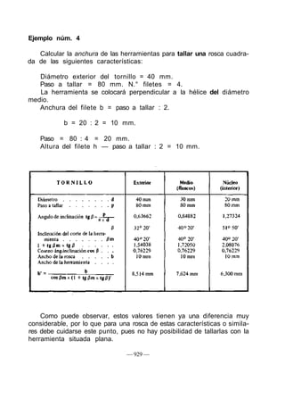 Ejemplo núm. 4
Calcular la anchura de las herramientas para tallar una rosca cuadra-
da de las siguientes características:
Diámetro exterior del tornillo = 40 mm.
Paso a tallar = 80 mm. N.° filetes = 4.
La herramienta se colocará perpendicular a la hélice del diámetro
medio.
Anchura del filete b = paso a tallar : 2.
b = 20 : 2 = 10 mm.
Paso = 80 : 4 = 20 mm.
Altura del filete h — paso a tallar : 2 = 10 mm.
Como puede observar, estos valores tienen ya una diferencia muy
considerable, por lo que para una rosca de estas características o simila-
res debe cuidarse este punto, pues no hay posibilidad de tallarlas con la
herramienta situada plana.
— 929 —
 
