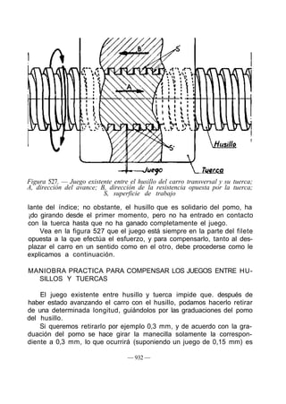 Figura 527. — Juego existente entre el husillo del carro transversal y su tuerca;
A, dirección del avance; B, dirección de la resistencia opuesta por la tuerca;
S, superficie de trabajo
lante del índice; no obstante, el husillo que es solidario del pomo, ha
¡do girando desde el primer momento, pero no ha entrado en contacto
con la tuerca hasta que no ha ganado completamente el juego.
Vea en la figura 527 que el juego está siempre en la parte del filete
opuesta a la que efectúa el esfuerzo, y para compensarlo, tanto al des-
plazar el carro en un sentido como en el otro, debe procederse como le
explicamos a continuación.
MANIOBRA PRACTICA PARA COMPENSAR LOS JUEGOS ENTRE HU-
SILLOS Y TUERCAS
El juego existente entre husillo y tuerca impide que. después de
haber estado avanzando el carro con el husillo, podamos hacerlo retirar
de una determinada longitud, guiándolos por las graduaciones del pomo
del husillo.
Si queremos retirarlo por ejemplo 0,3 mm, y de acuerdo con la gra-
duación del pomo se hace girar la manecilla solamente la correspon-
diente a 0,3 mm, lo que ocurrirá (suponiendo un juego de 0,15 mm) es
— 932 —
 