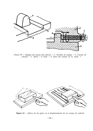 Finura 59. — Reglaje del cuerpo del cabezal. — 1. Tornillo de reglaje. — 2. Cuerpo de
cabezal. — 3. Suela. — 4. Tope. — 5. Guía del cuerpo en la suela. •
Figura 60. — Efecto de las guías en el desplazamiento de un cuerpo de cabezal.
—96—
 