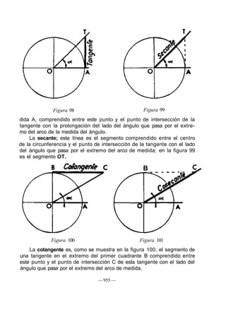Figura 98 Figura 99
dida A, comprendido entre este punto y el punto de intersección de la
tangente con la prolongación del lado del ángulo que pasa por el extre-
mo del arco de la medida del ángulo.
La secante; esta línea es el segmento comprendido entre el centro
de la circunferencia y el punto de intersección de la tangente con el lado
del ángulo que pasa por el extremo del arco de medida; en la figura 99
es el segmento OT.
B
Figura 100 Figura 101
La cotangente es, como se muestra en la figura 100, el segmento de
una tangente en el extremo del primer cuadrante B comprendido entre
este punto y el punto de intersección C de esta tangente con el lado del
ángulo que pasa por el extremo del arco de medida.
— 955 —
 