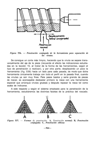 Figura 536. — Penetración conjugada de la herramienta para separación de
las virutas.
Se consigue un corte más limpio, haciendo que la viruta se separe trans-
versalmente del eje de la pieza (recuerde al efecto las indicaciones estudia-
das en la lección 15, al tratar de la forma de las herramientas, según el
tipo de penetración a realizar), y por otra parte, desplazando un poco la
herramienta (fig. 536) hacia un lado para cada pasada, de modo que dicha
herramienta únicamente trabaja con todo el perfil en la pasada final, cuando
las virutas ya son muy finas. Para pasos bastos y serie grande de piezas
de roscar, es aconsejable desbastar primero la rosca con una herramienta
especial que arranque virutas gruesas y después repasar la rosca tal como
acaba de indicarse.
A este respecto y según el sistema empleado para la penetración de la
herramienta, estudiaremos las distintas facetas de la práctica del roscado.
Figura 537. — Formas de penetración: A, Penetración normal; B, Penetración
conjugada; C, Penetración oblicua
—964—
 