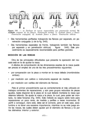 Figura 548. — a) Desbaste de roscas trapezoidales por penetración normal; b)
Acabado conjunto de los flancos. Penetración normal; c) Acabado flanco a flanco
Penetración conjugada; d) Acabado flanco a flanco. Penetración oblicua
• Dos herramientas perfiladas trabajando los flancos por separado, en pe-
netración conjugada (c de la fig. 548).
• Dos herramientas especiales de frente, trabajando también los flancos
por separado y en penetración oblicua( figura 548). Este pro-
cedimiento es especialmente recomendable para perfiles grandes.
MEDICIÓN DE LAS ROSCAS
Otra de las principales dificultades que presenta la operación del ros-
cado está en la de ajustar la rosca.
A efectos de comprobación de las dimensiones exactas de la rosca puede
ser preciso el empleo de uno de los tres procedimientos siguientes:
• por comparación con la pieza a montar en la rosca tallada (montándolas
ambas).
• por medición con calibre o instrumento especial de medida.
• por medición con varillas del diámetro de flancos.
Para el primer procedimiento que es corrientemente el más utilizado en
trabajos corrientes de reparaciones, y aún para grupos reducidos de piezas
iguales, basta disponer de la pieza en la cual deberá montarse la rosca que
estamos tallando. Se ajusta la rosca a la pieza, la cual, para poder ser mon-
tada, no debe forzarse (fig. 549). Este método es seguro sobre todo para
reparaciones un poco raras, de medida y perfiles a veces incorrectos. El
perfil a conseguir, claro está, debe ser el correcto, pero en este caso, acos-
tumbra a no tener una excesiva importancia, mientras no se note juego en-
tre las roscas, las cuales deben ajustar por el diámetro de flancos y no por
los diámetros interior y exterior.
-975—
 