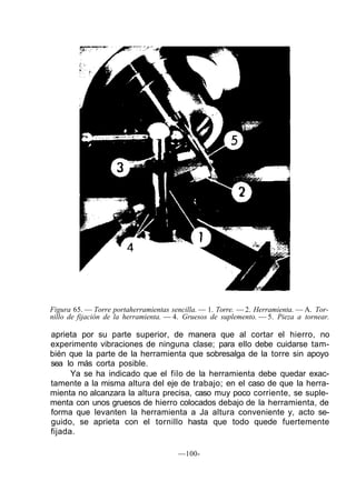 Figura 65. — Torre portaherramientas sencilla. — 1. Torre. — 2. Herramienta. — A. Tor-
nillo de fijación de la herramienta. — 4. Gruesos de suplemento. — 5. Pieza a tornear.
aprieta por su parte superior, de manera que al cortar el hierro, no
experimente vibraciones de ninguna clase; para ello debe cuidarse tam-
bién que la parte de la herramienta que sobresalga de la torre sin apoyo
sea lo más corta posible.
Ya se ha indicado que el filo de la herramienta debe quedar exac-
tamente a la misma altura del eje de trabajo; en el caso de que la herra-
mienta no alcanzara la altura precisa, caso muy poco corriente, se suple-
menta con unos gruesos de hierro colocados debajo de la herramienta, de
forma que levanten la herramienta a Ja altura conveniente y, acto se-
guido, se aprieta con el tornillo hasta que todo quede fuertemente
fijada.
—100-
 