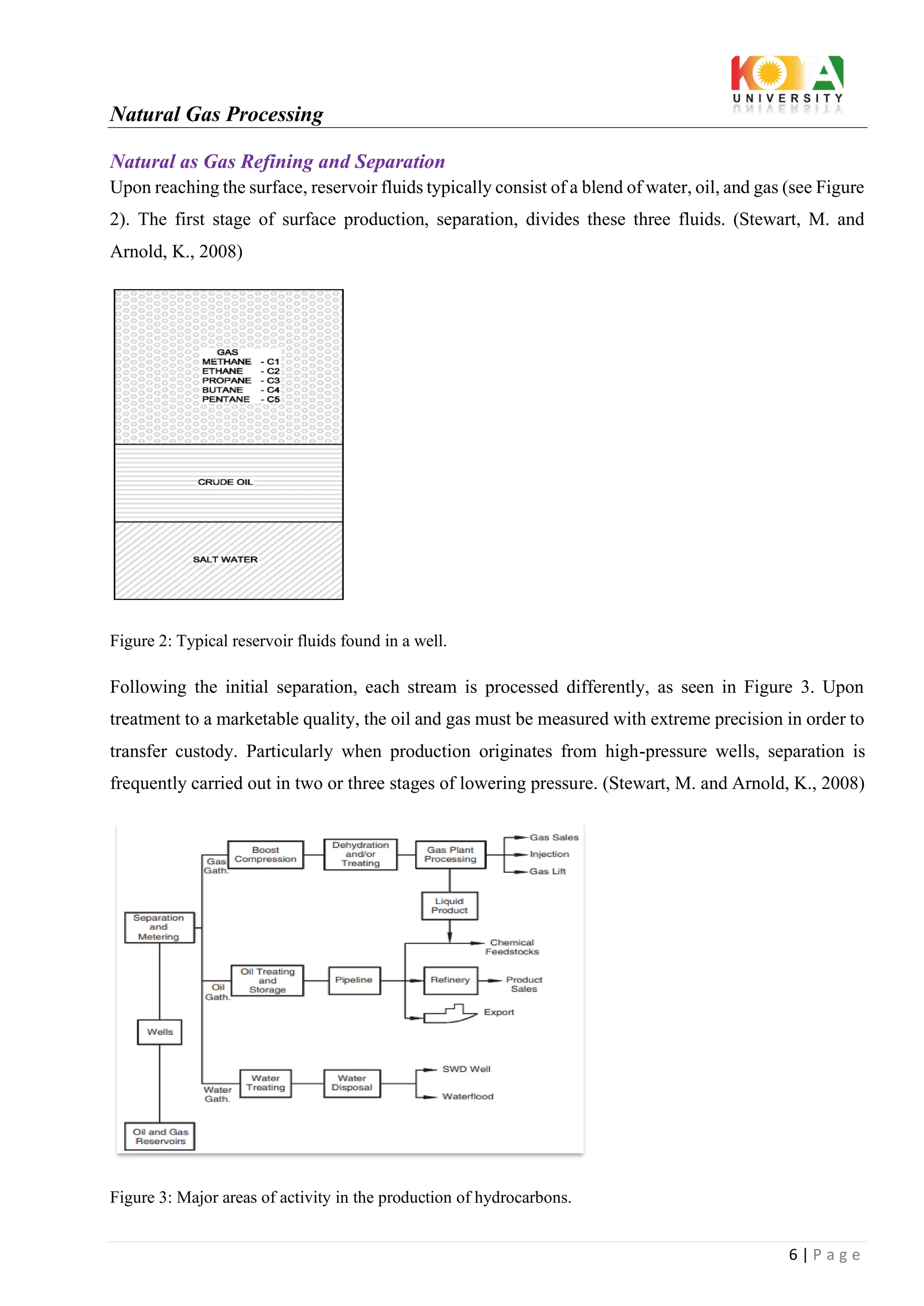 Natural Gas Processing
6 | P a g e
Natural as Gas Refining and Separation
Upon reaching the surface, reservoir fluids typically consist of a blend of water, oil, and gas (see Figure
2). The first stage of surface production, separation, divides these three fluids. (Stewart, M. and
Arnold, K., 2008)
Figure 2: Typical reservoir fluids found in a well.
Following the initial separation, each stream is processed differently, as seen in Figure 3. Upon
treatment to a marketable quality, the oil and gas must be measured with extreme precision in order to
transfer custody. Particularly when production originates from high-pressure wells, separation is
frequently carried out in two or three stages of lowering pressure. (Stewart, M. and Arnold, K., 2008)
Figure 3: Major areas of activity in the production of hydrocarbons.
 