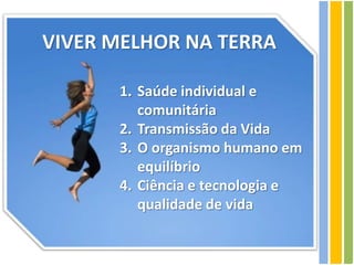 VIVER MELHOR NA TERRA
1. Saúde individual e
comunitária
2. Transmissão da Vida
3. O organismo humano em
equilíbrio
4. Ciência e tecnologia e
qualidade de vida