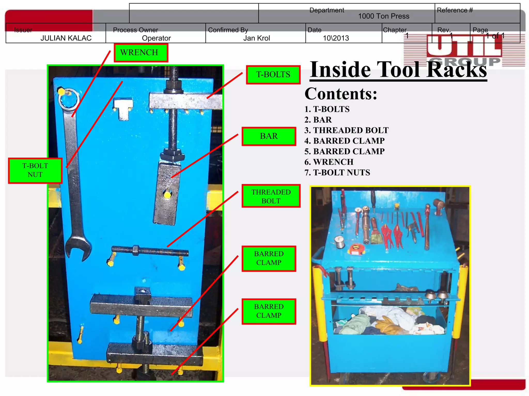 Department Reference #
Confirmed ByProcess Owner Date Chapter Rev. PageIssuer
1 of 111
1000 Ton Press
102013Jan KrolOperatorJULIAN KALAC
Inside Tool Racks
Contents:
1. T-BOLTS
2. BAR
3. THREADED BOLT
4. BARRED CLAMP
5. BARRED CLAMP
6. WRENCH
7. T-BOLT NUTS
BAR
WRENCH
T-BOLTS
THREADED
BOLT
BARRED
CLAMP
BARRED
CLAMP
T-BOLT
NUT
 
