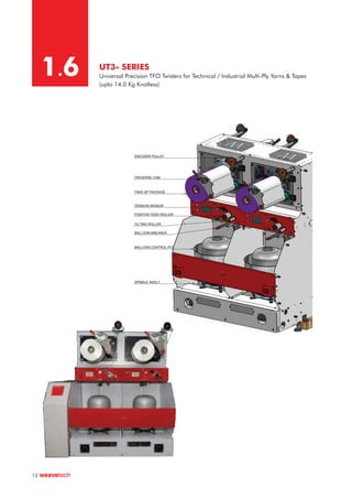 UT3- SERIES
Universal Precision TFO Twisters for Technical / Industrial Multi-Ply Yarns & Tapes
(upto 14.0 Kg Knotless)
1.6
13
ENCODER PULLEY
TRAVERSE CAM
TAKE-UP PACKAGE
BALLOON BREAKER
BALLOON CONTROL POT
SPINDLE ASSLY
POSITIVE FEED ROLLER
TILTING ROLLER
TENSION SENSOR
 