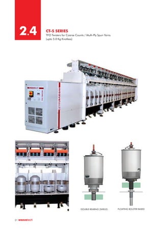CT-S SERIES
TFO Twisters for Coarse Counts / Multi-Ply Spun Yarns
(upto 5.0 Kg Knotless)
2.4
21
DOUBLE BEARING (SHIELD) FLOATING BOLSTER BASED
 