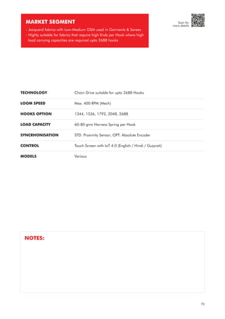 TECHNOLOGY
LOOM SPEED
HOOKS OPTION
LOAD CAPACITY
SYNCRHONISATION
CONTROL
MODELS
Chain Drive suitable for upto 2688 Hooks
Max. 400 RPM (Mech)
1344, 1536, 1792, 2048, 2688
60-80 gms Harness Spring per Hook
STD: Proximity Sensor; OPT: Absolute Encoder
Touch Screen with IoT 4.0 (English / Hindi / Gujarati)
Various
MARKET SEGMENT
- Jacquard fabrics with Low-Medium GSM used in Garments & Sarees
- Highly suitable for fabrics that require high Ends per Hook where high
load carrying capacities are required upto 2688 hooks
NOTES:
70
Scan for
more details
 
