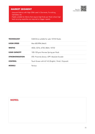 TECHNOLOGY
LOOM SPEED
WIDTHS
LOAD CAPACITY
SYNCRHONISATION
CONTROL
MODELS
CAM Drive suitable for upto 10752 Hooks
Max 600 RPM (Mech)
4032, 5376, 6720, 8064, 10752
100-120 gms Harness Spring per Hook
STD: Proximity Sensor; OPT: Absolute Encoder
Touch Screen with IoT 4.0 (English / Hindi / Gujarati)
Various
MARKET SEGMENT
- Jacquard fabrics with High GSM used in Garments, Furnishing,
Upholstery etc
- Highly suitable for fabrics that require high Ends per Hook where high
load carrying capacities are required on bigger repeats
NOTES:
72
Scan for
more details
 